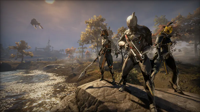 Warframe : combat intense avec effets visuels et ennemis à l’écran