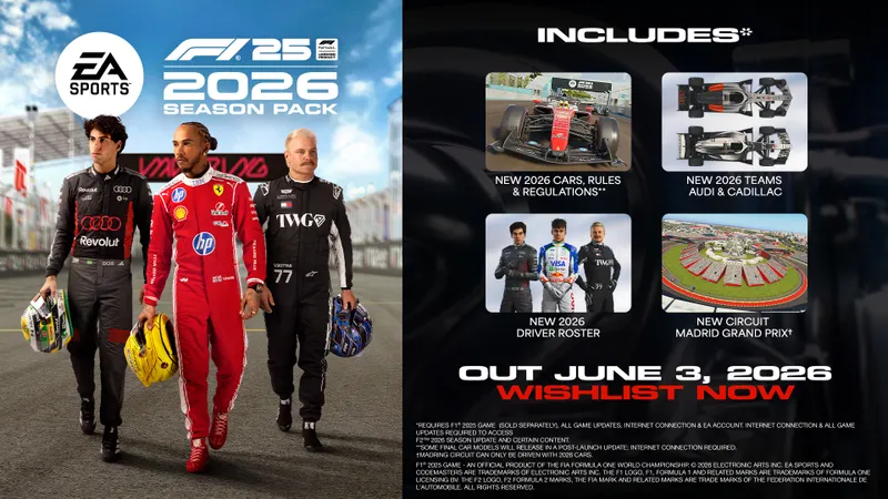 F1 25 Pack Saison 2026 montrant les nouveautés Audi Cadillac MADRING et voitures 2026