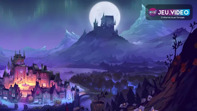 Paysage nocturne de Moonlight Peaks avec une ferme gothique