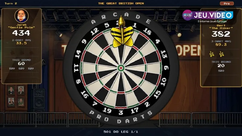 Pixel Darts gameplay montrant le lancer et le tableau de score