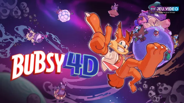 Bubsy 4D avec Bubsy dans un niveau coloré du platformer 3D d'Atari