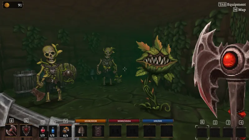 Personnage armé progressant dans un couloir de la forteresse de Bonehold