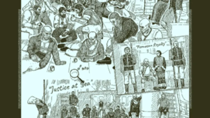 Une grande page présentant en scénettes tous les membres de l'équipage et ses passagers