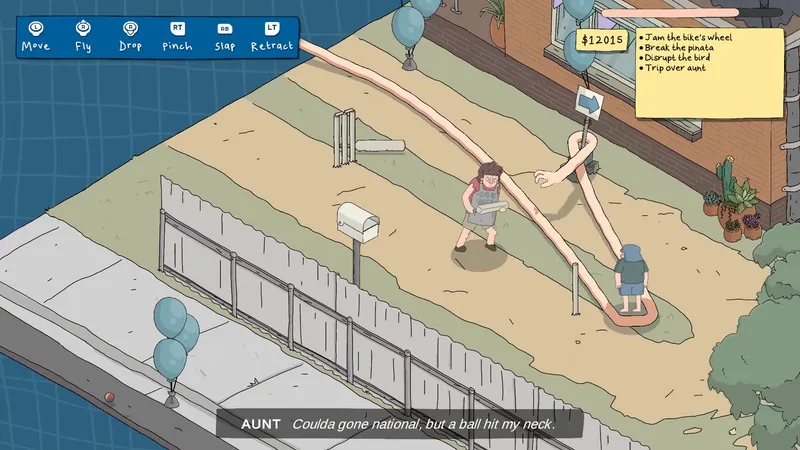 My Arms Are Longer Now avec des bras qui s’étirent autour de personnages dans une cour