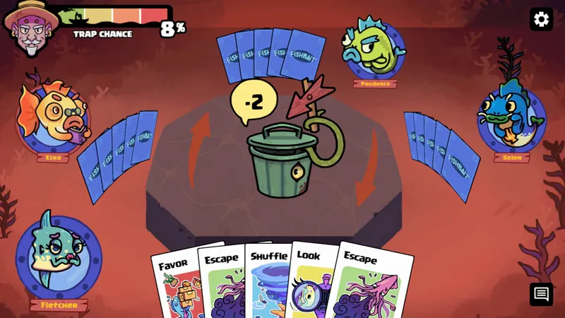 Escena oficial de Fishbait que muestra una partida multijugador de cartas