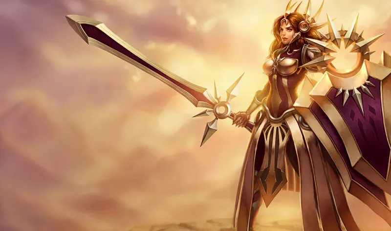 Leona, support de League of Legends, levant son bouclier et son épée dorés