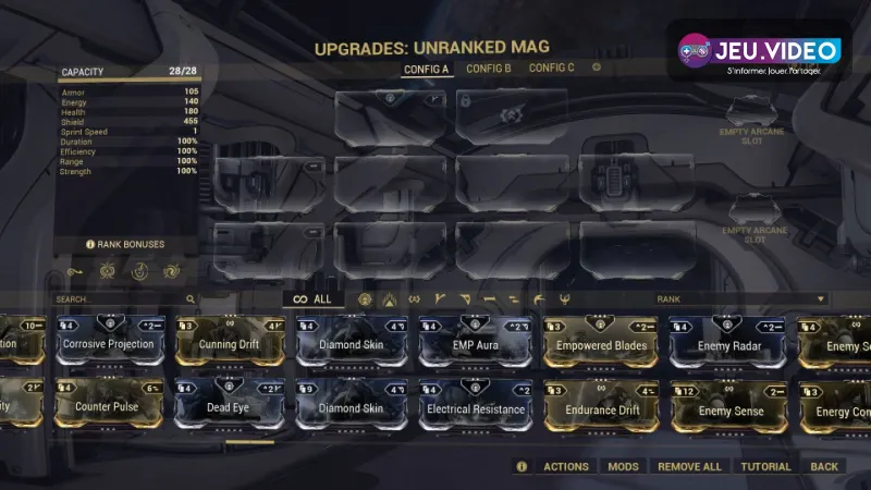 Menu d'amélioration de Warframe montrant les emplacements de mods à utiliser pour construire une arme early game