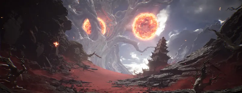 Désert rouge de Genigods Nezha avec plusieurs soleils au-dessus d une pagode pour préparer la lecture des zones dangereuses