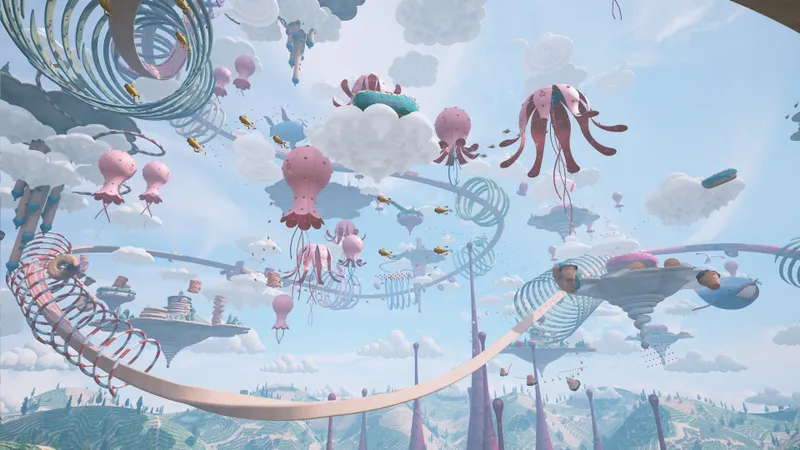 Grand espace aérien de Limbo avec rails, nuages et formes flottantes pour choisir un repère fixe