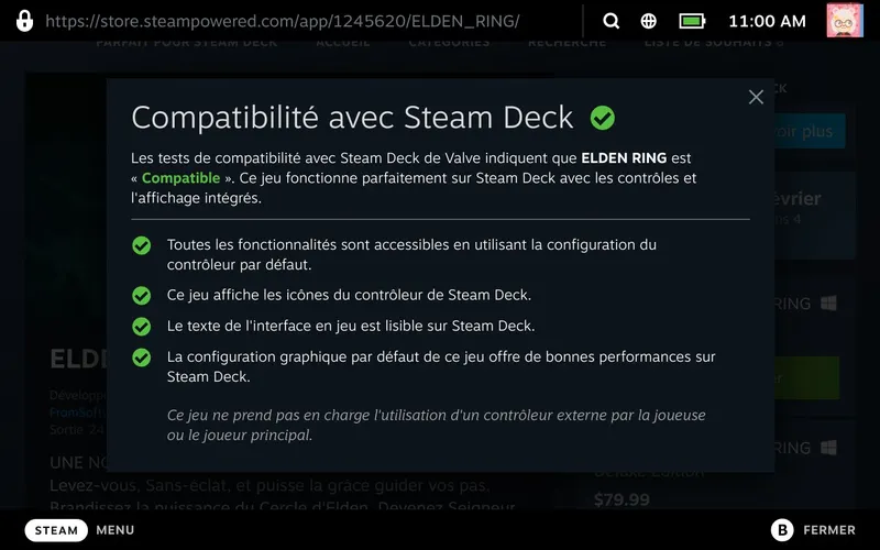 Fenetre officielle de compatibilite Steam Deck pour Elden Ring en francais