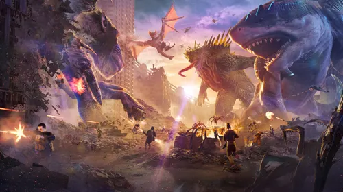 BeastLink trailer avec kaiju géants et soldats dans une ville détruite
