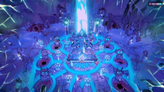 Sanctuaire glacé de Cult of the Lamb Woolhaven avec le Lamb devant une lumière bleue pour préparer l’entrée du DLC