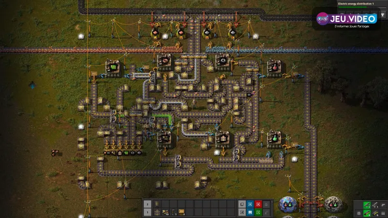 Base Factorio de début de partie avec tapis jaunes, assembleurs et laboratoires proches de la zone de production initiale