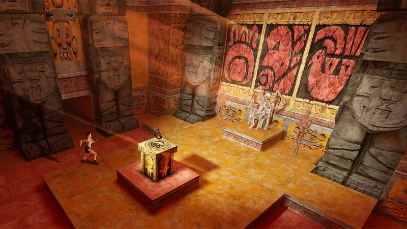 Salle de tombeau dans Tomb Raider Remastered avec plateformes et bloc central pour apprendre à lire les sauts