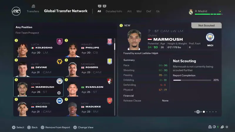 Rapport du Global Transfer Network dans EA Sports FC 26 avec potentiel et statistiques de joueur.