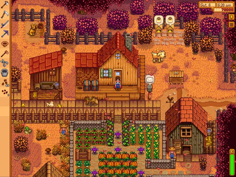 Grande ferme de Stardew Valley avec nombreuses cultures et bâtiments