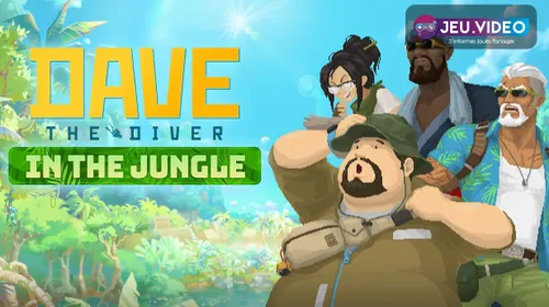 Dave the Diver DLC In the Jungle avec Dave devant la jungle et le logo officiel