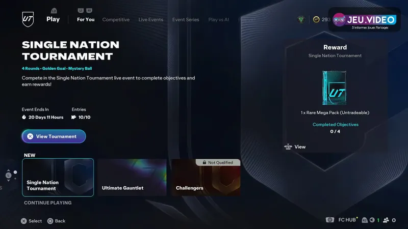Menu Jouer de FC 26 Ultimate Team avec l’onglet For You, les activités et les récompenses disponibles.