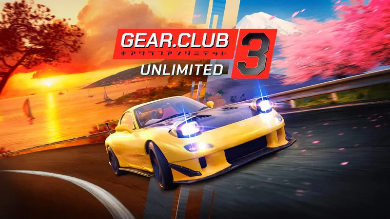 Gear.Club Unlimited 3 sortie avec voiture jaune, logo officiel et routes du Japon