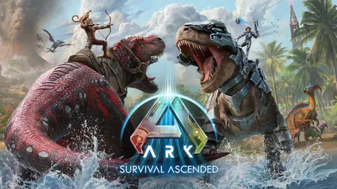 Scène de survie avec un personnage et des dinosaures dans ARK : Survival Ascended pour illustrer le guide des réglages PC