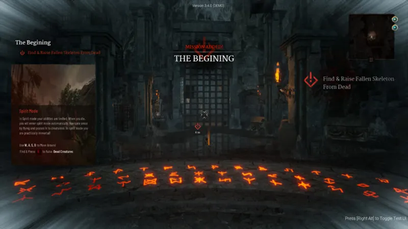 L'intérieur d'une crypte en ruines, un squelette est sur le sol en face de vous.