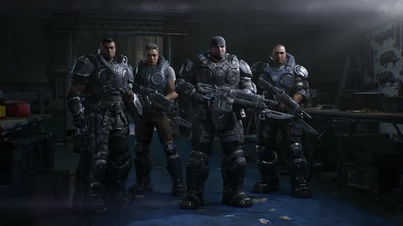 Gears of War: E-Day mostrando al escuadrón Bravo en una calle destruida de Kalona