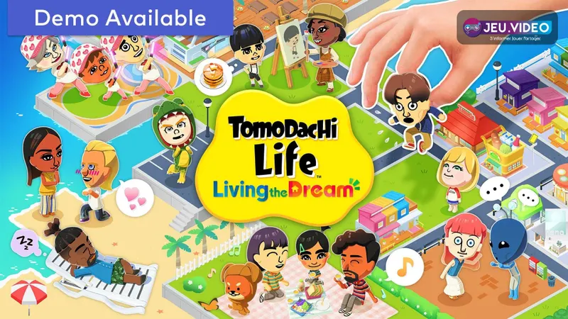 Illustration officielle de Tomodachi Life Living the Dream avec plusieurs Mii sur une île