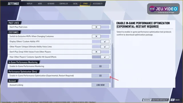 Menu Other de Marvel Rivals affichant Performance Optimization Beta pour améliorer les FPS sur PC