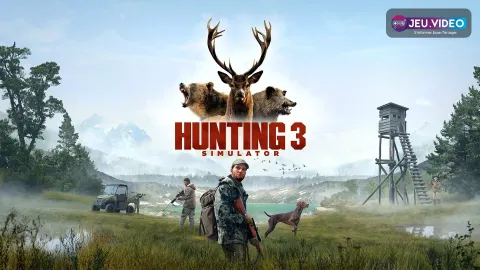 Visuel officiel de Hunting Simulator 3 montrant un chasseur, son chien, un véhicule tout terrain et une tour de guet