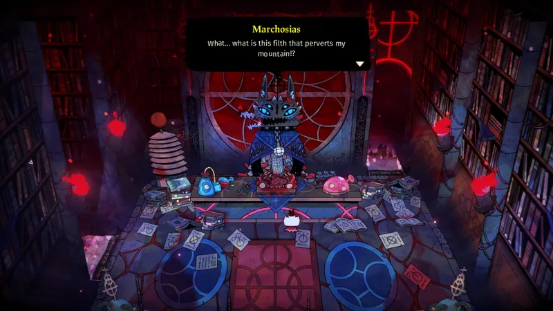 Salle rouge de Woolhaven avec Marchosias en dialogue avant une rencontre de donjon