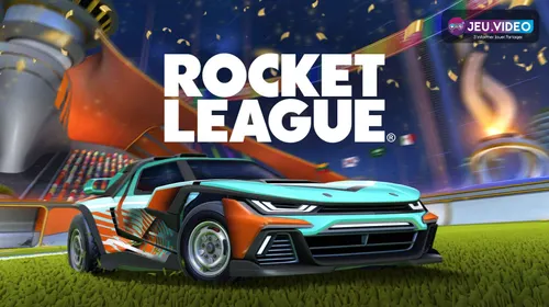 Match Rocket League officiel montrant plusieurs voitures et le ballon au centre du terrain.