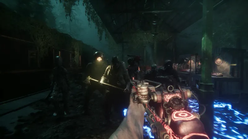 Sker Ritual affiche un combat FPS intense avec effets lumineux et ennemis