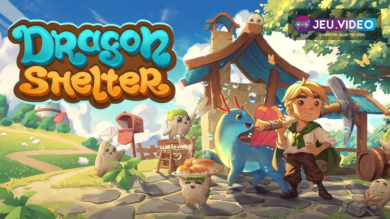 Dragon Shelter trailer avec ferme magique, dragons et héros devant le logo du jeu
