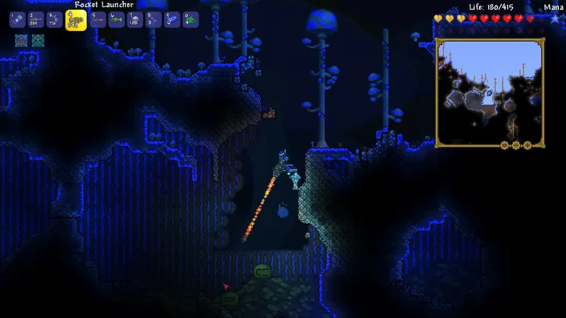 Terraria montre une scène de jeu où lisibilité et effets visuels se combinent