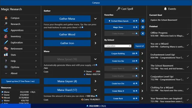 Interface de gestion de Magic Research, entre recherche magique et développement du campus