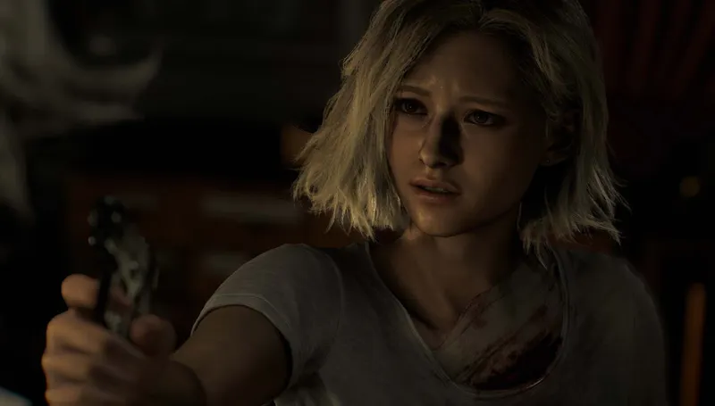 Couloir sombre de Resident Evil Requiem avec portes et angles à inspecter avant de tirer