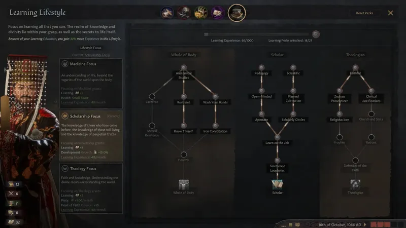 Menu de style de vie de Crusader Kings III avec arbres de compétences à planifier avant une campagne romaine