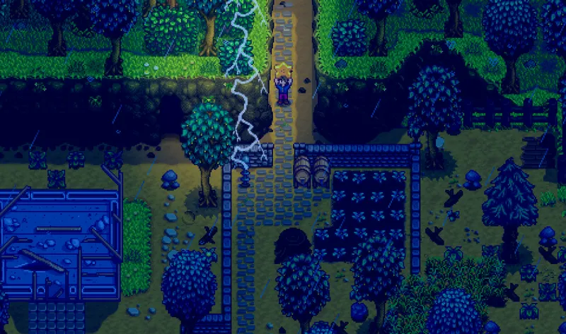 A Stardew Valley interior with closely placed furniture and objects for testing controller placement.