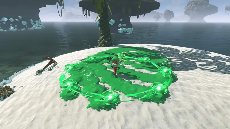 Splatoon Raiders montrant un cercle d’encre verte et des gadgets en combat
