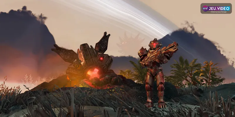 No Man's Sky Swarm montre une armure Direwasp près d’un drone écrasé