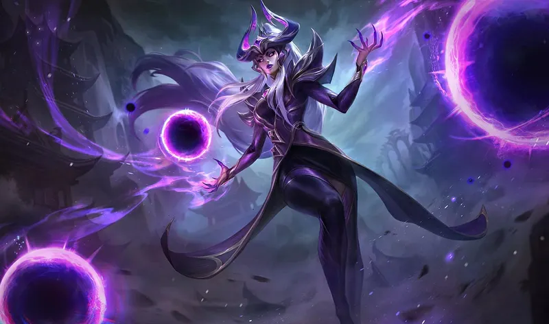 Splash art officiel de Syndra, alternative mid lane stable dans la tier list League of Legends