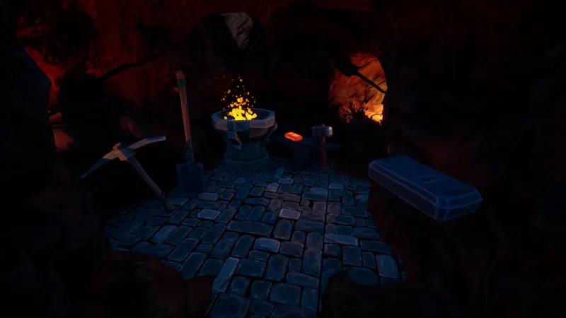 Zone de forge Hydroneer avec four, enclume, marteau, pioche et lingot pour transformer les minerais avant la vente