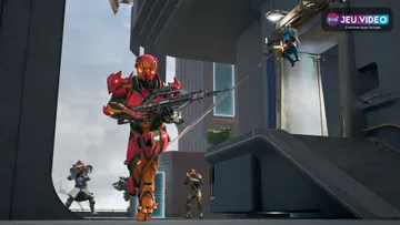 Visuel officiel de Splitgate original montrant deux combattants en armure futuriste dans une arène à portails