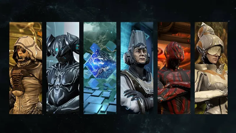 Montage officiel Warframe montrant plusieurs personnages et systèmes pour illustrer qu un seul profil principal doit regrouper toute la progression cross save