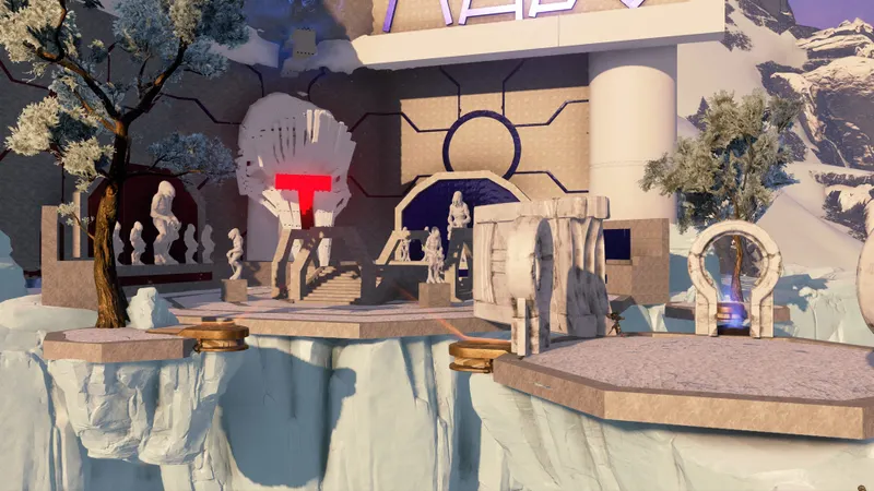 Environnement futuriste enneigé avec des statues, une arche lumineuse et une structure monumentale sur une plateforme suspendue au-dessus d'une falaise.