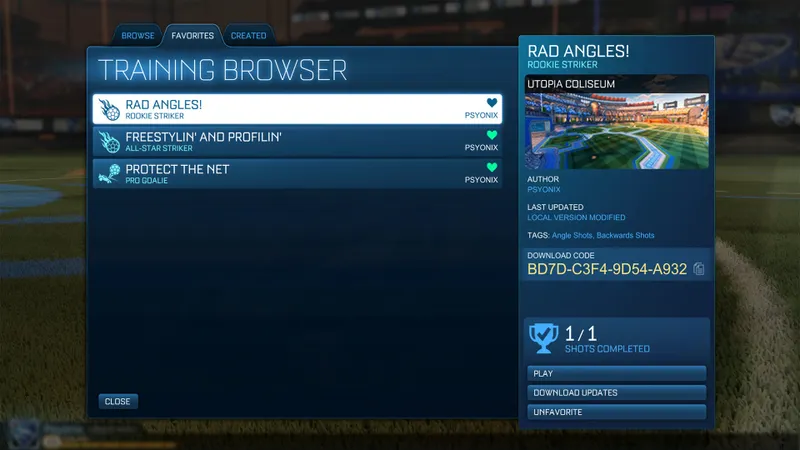 Menu des packs favoris Rocket League avec Rad Angles et Protect the Net pour répéter des angles de tir et de défense