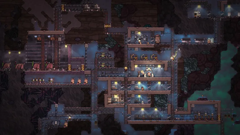 Intérieur de base Oxygen Not Included avec échelles, lits, stations de travail et tuyaux pour planifier les premières pièces
