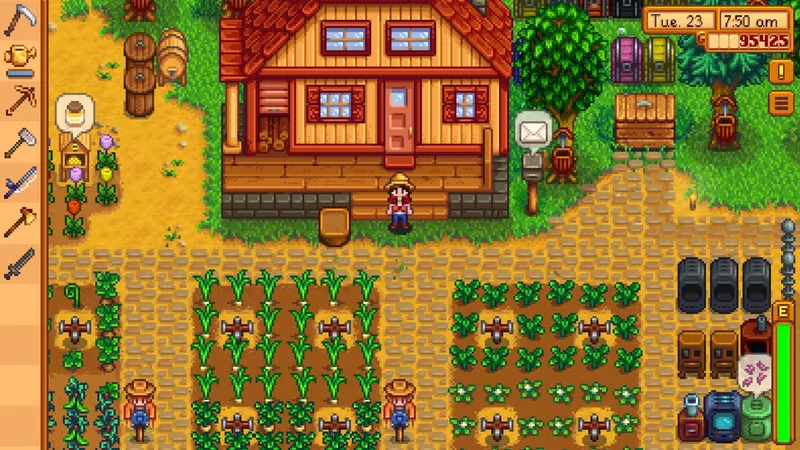 Champ de Stardew Valley avec arroseurs, épouvantails et cultures de printemps