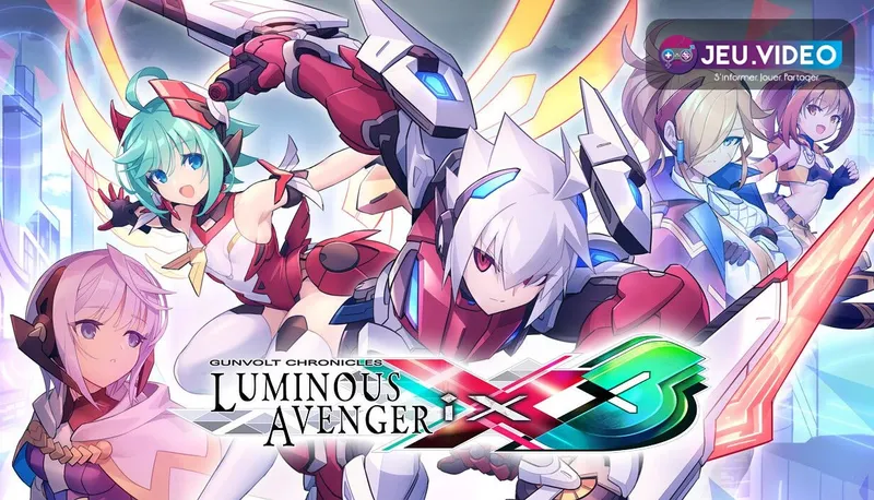 Logo de Gunvolt Chronicles Luminous Avenger iX 3 avec Copen et Lola sur le visuel Steam officiel