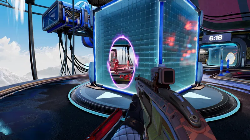 Joueur de Splitgate original visant un adversaire près d un portail bleu dans une arène lumineuse